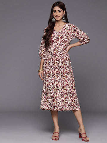 Varanga Women Maroon Floral Printed Midi Dress